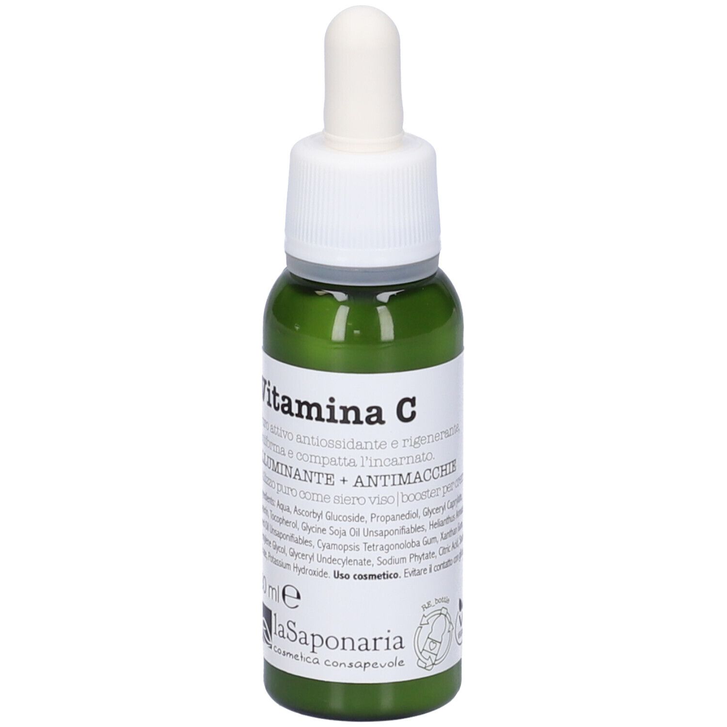 Flacone di vetro verde con tappo bianco e pipetta. Etichetta con testo: Vitamina C. 30 ml.