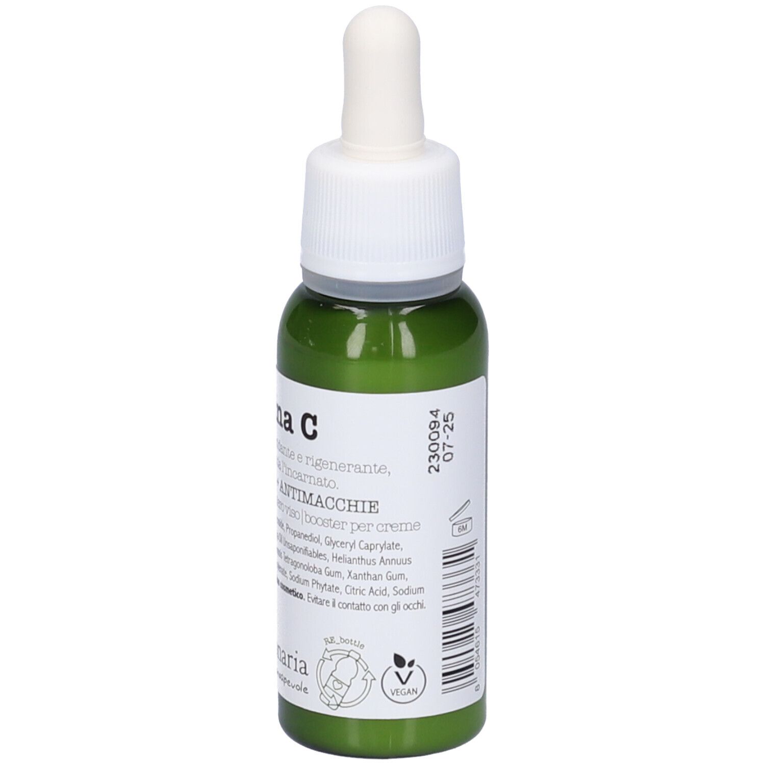 Flacone di vetro verde con tappo bianco e pipetta. Etichetta con testo: Vitamina C. 30 ml. Sigillo vegano.