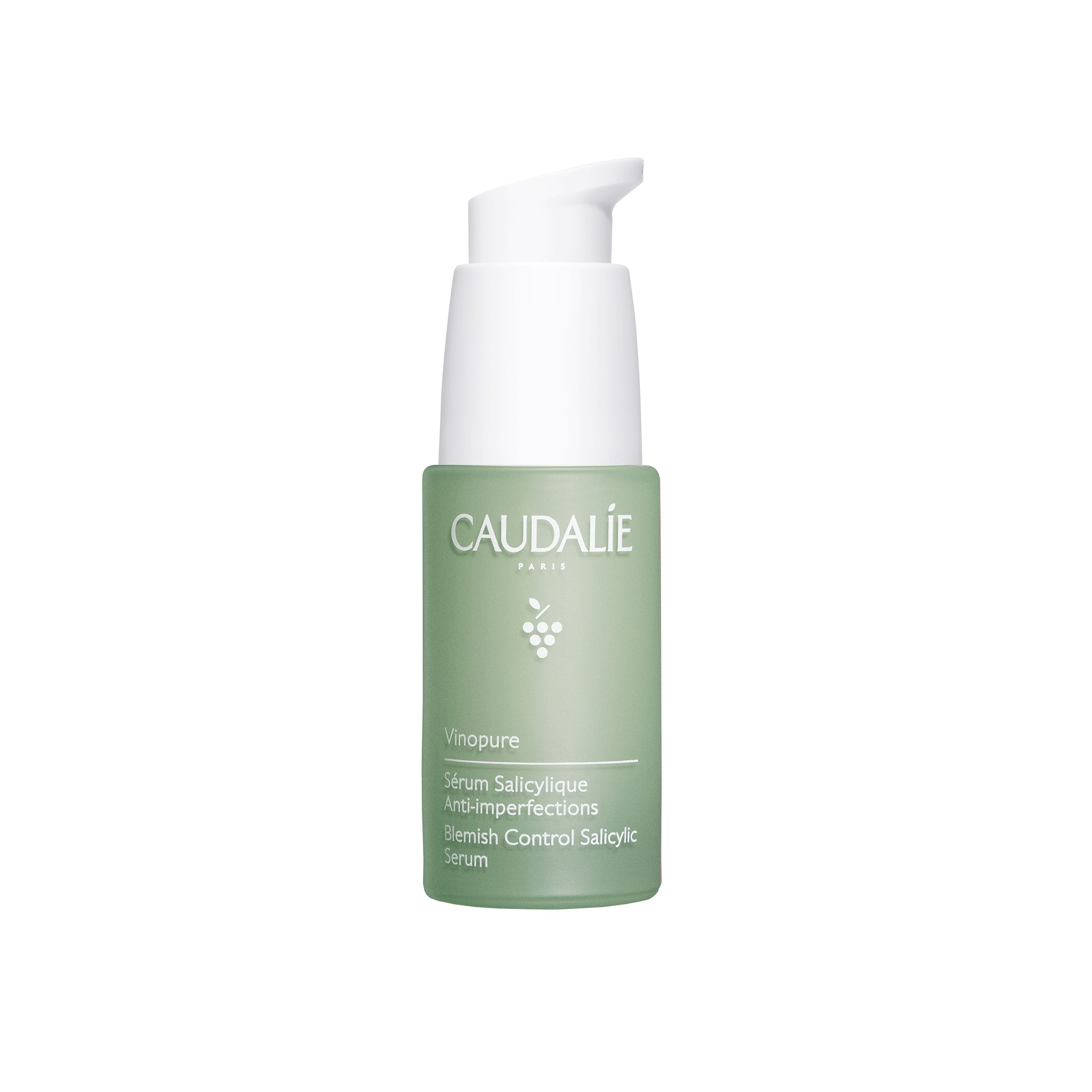 Flacone verde con erogatore bianco. Scritta CAUDALIE, Vinopure, Sérum anti-imperfections salicylique.
