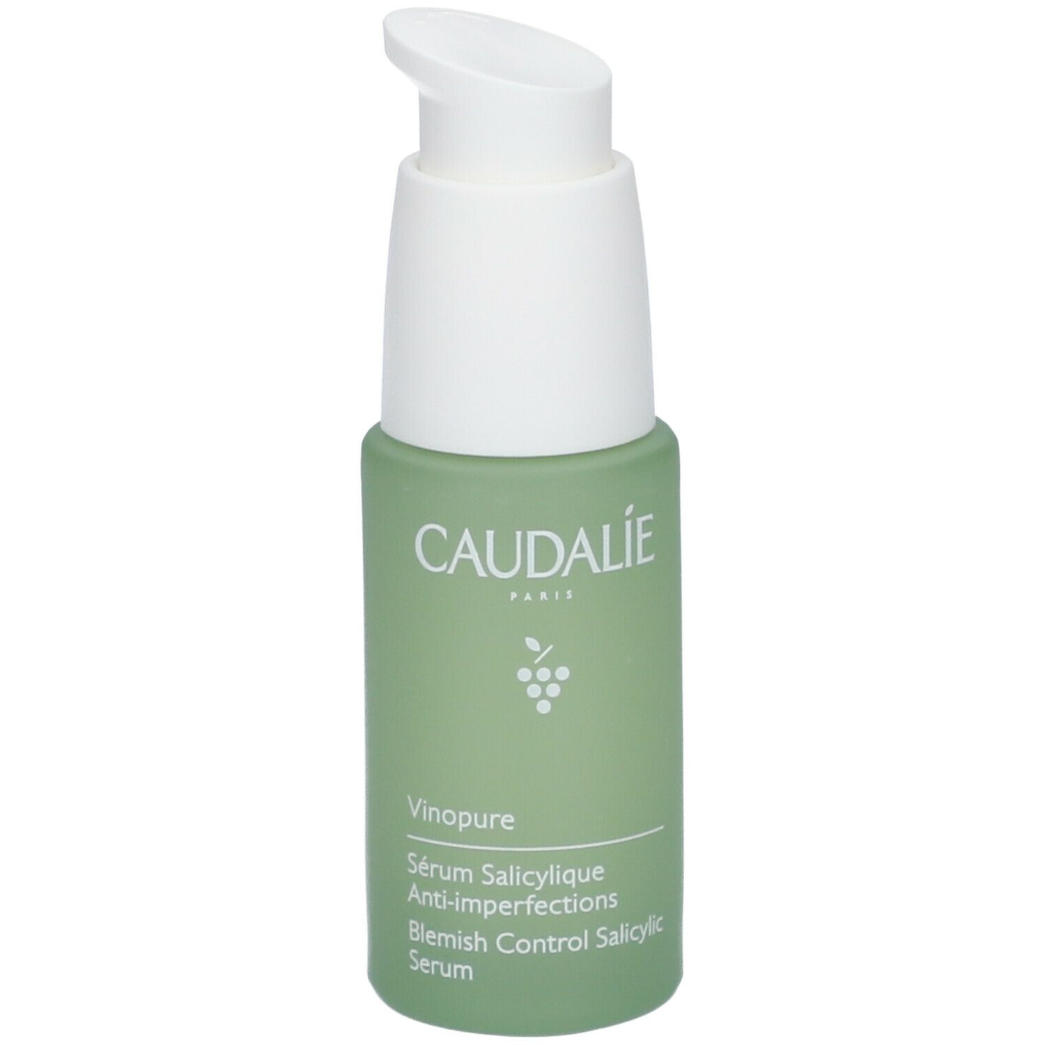 Flacone verde con erogatore bianco. Scritta CAUDALIE, Vinopure, Sérum anti-imperfections salicylique.