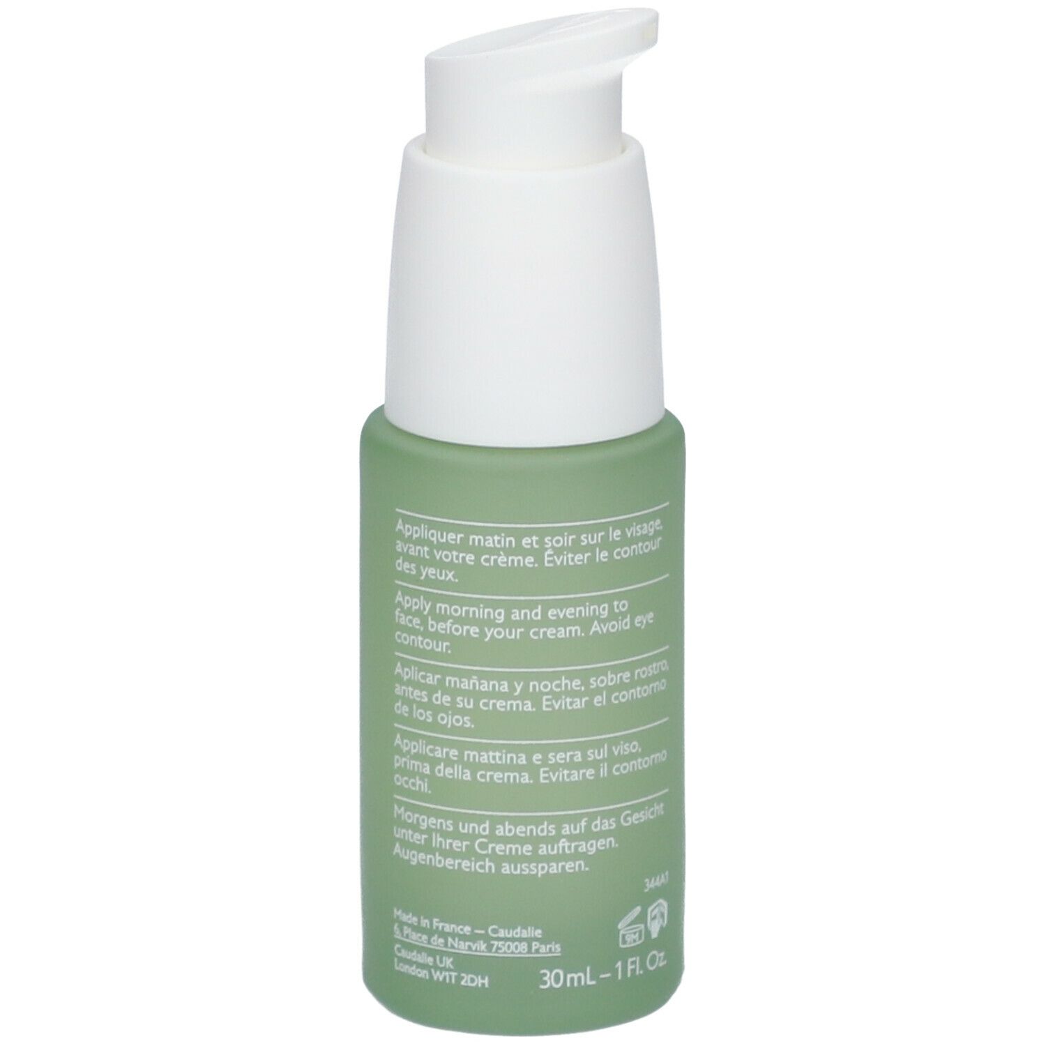 Flacone verde con erogatore bianco. Retro con testo. Scritta CAUDALIE, Vinopure, Sérum anti-imperfections salicylique.