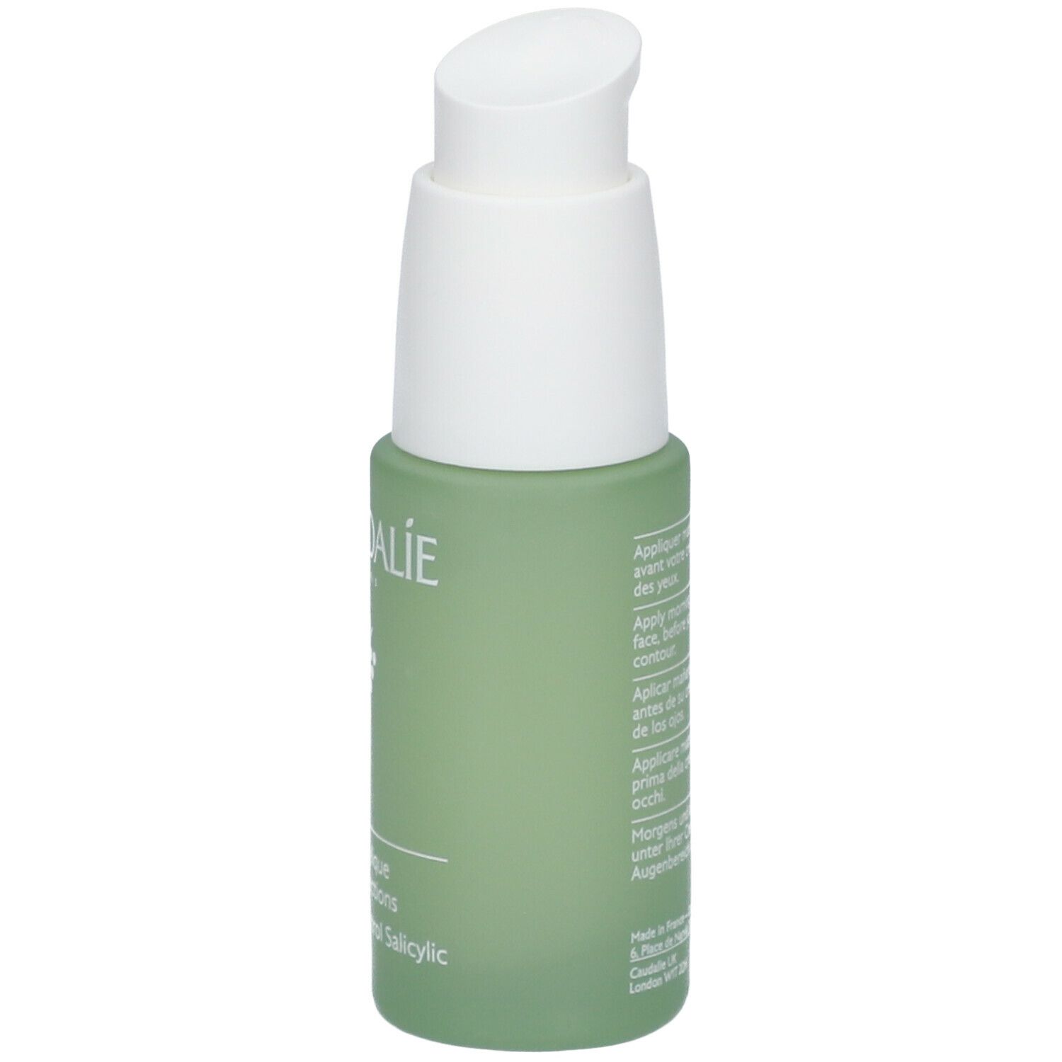 Flacone verde con erogatore bianco. Retro con testo. Scritta CAUDALIE, Vinopure, Sérum anti-imperfections salicylique.