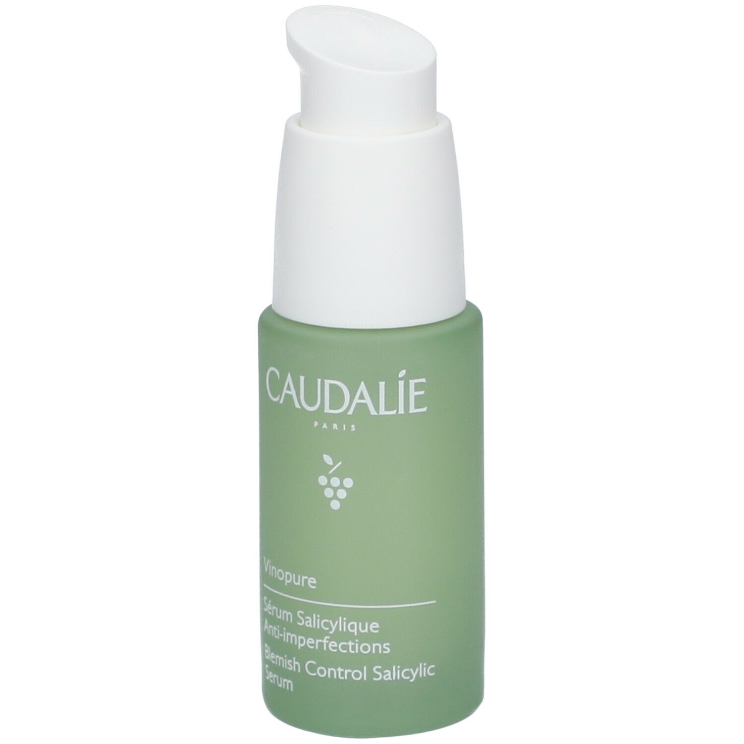 Flacone verde con erogatore bianco. Scritta CAUDALIE, Vinopure, Sérum anti-imperfections salicylique.