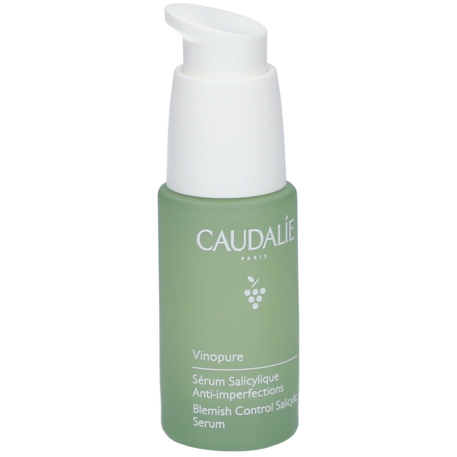 Flacone verde con erogatore bianco. Scritta CAUDALIE, Vinopure, Sérum anti-imperfections salicylique.
