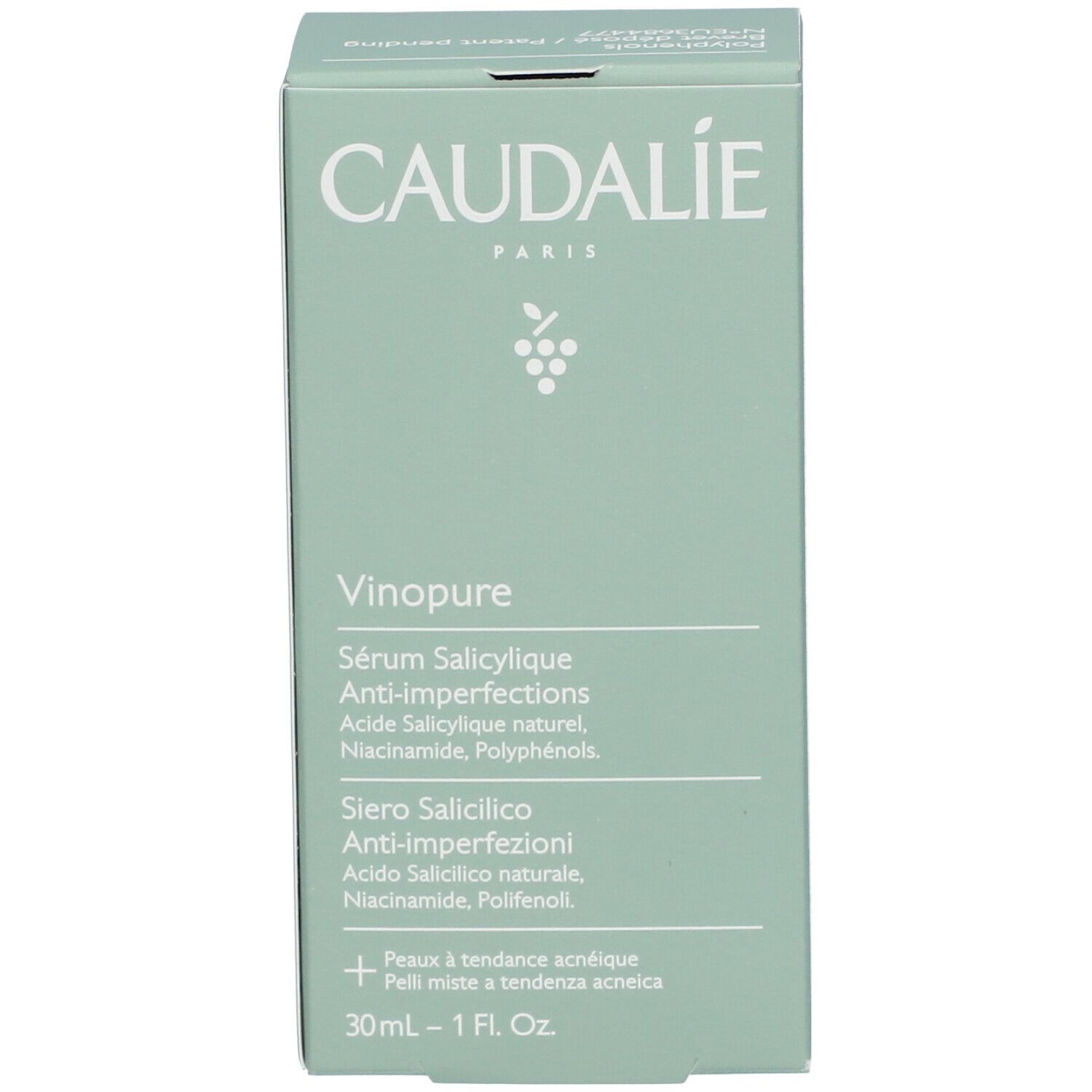Scatola verde. Scritta CAUDALIE, Vinopure, Sérum anti-imperfections salicylique. 30ml.