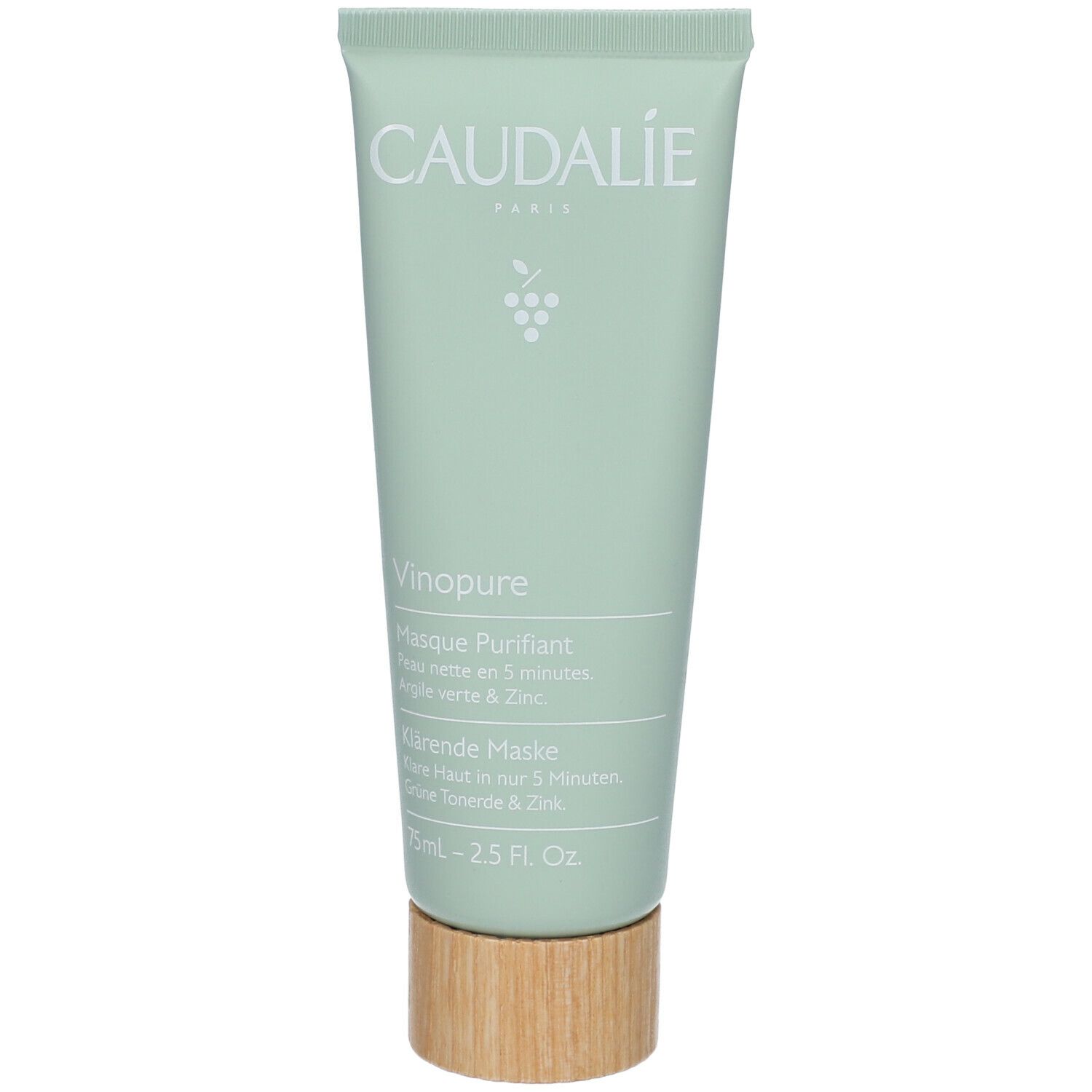 Tubo verde con logo Caudalie e nome del prodotto. Base in legno. Testo: Vinopure, Masque Purifiant, Argile verte & Zinc.