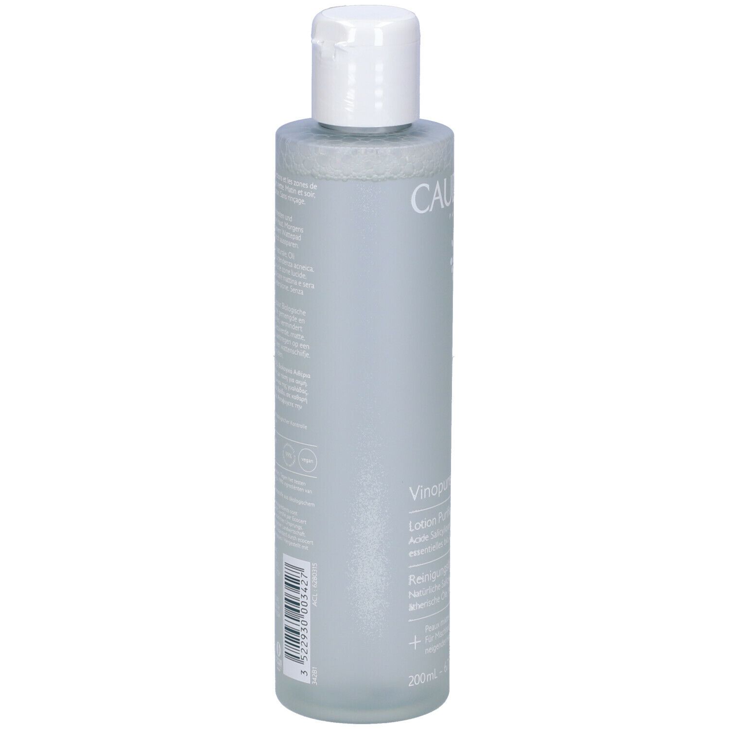 Flacone grigio con tappo bianco. Retro con testo. Certificazione bio.