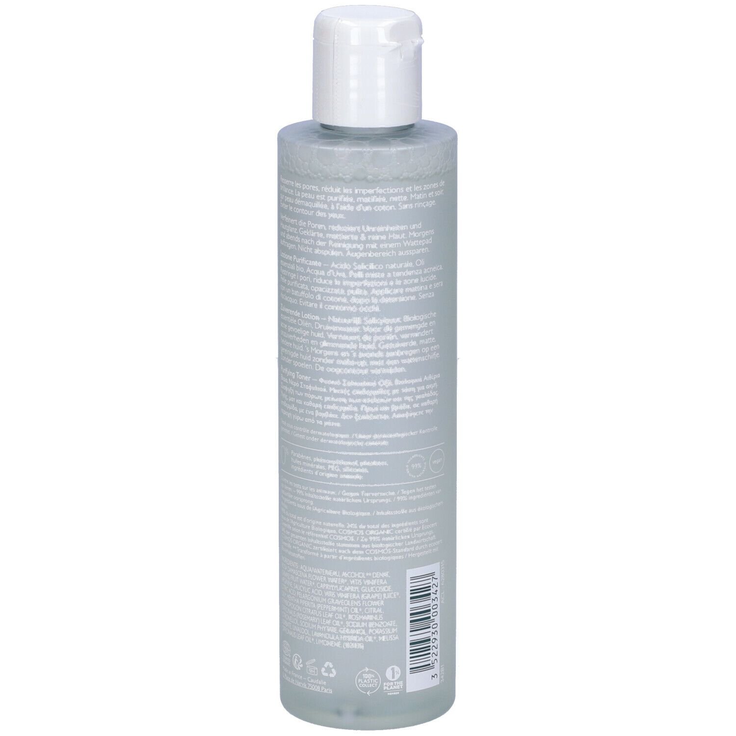 Flacone grigio con tappo bianco. Retro con testo. Certificazione bio.