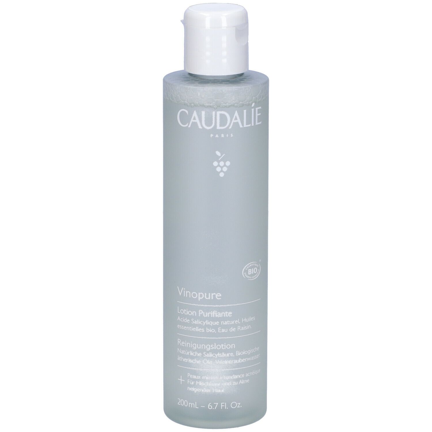 Flacone grigio con tappo bianco. Scritte CAUDALIE e Vinopure. Certificazione bio.