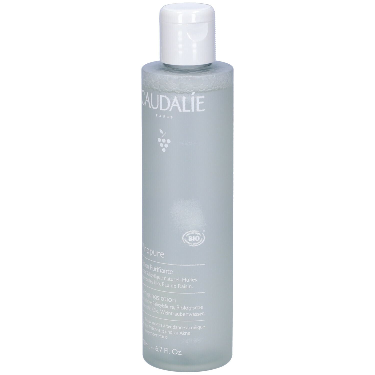 Flacone grigio con tappo bianco. Scritte CAUDALIE e Vinopure. Certificazione bio.