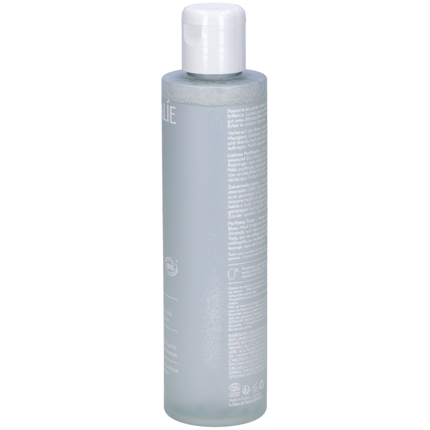 Flacone grigio con tappo bianco. Retro con testo. Certificazione bio.