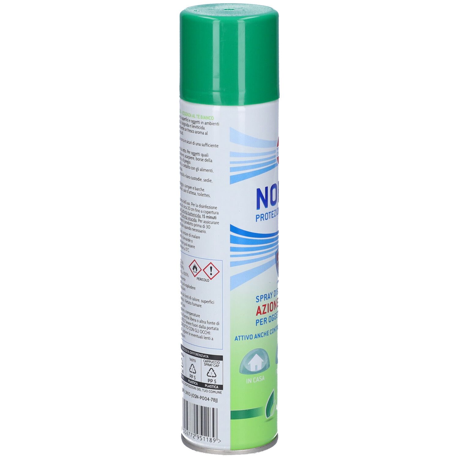 Norica Protezione Completa Spray. Rückseite der Dose mit Text und Symbolen. Gefahrensymbole und Barcode.