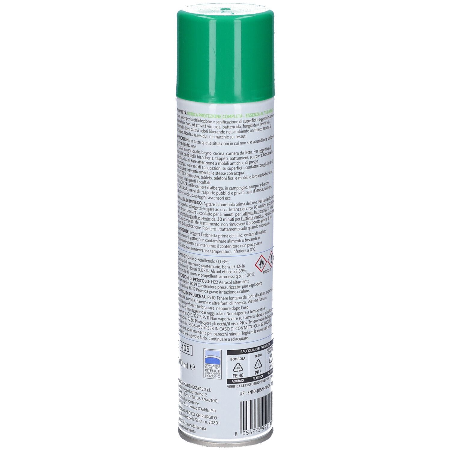 Norica Protezione Completa Spray. Rückseite der Dose mit Text und Symbolen. Gefahrensymbole und Barcode.