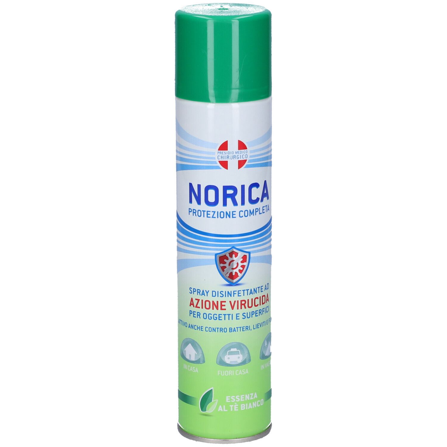 Norica Protezione Completa Spray. Weiße Dose mit grünem Deckel. Text: Spray desinfettante ad azione virucida.