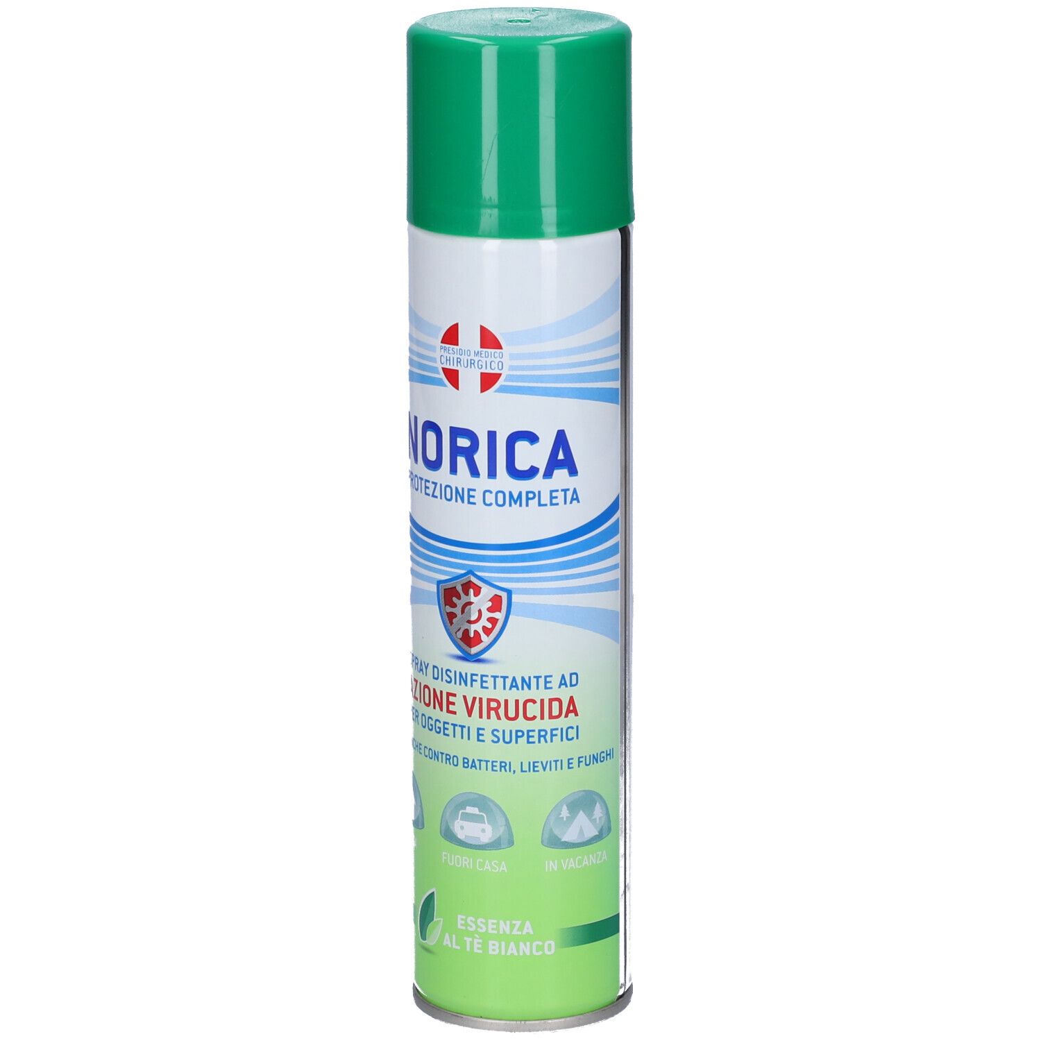 Norica Protezione Completa Spray. Weiße Dose mit grünem Deckel. Text: Spray desinfettante ad azione virucida.