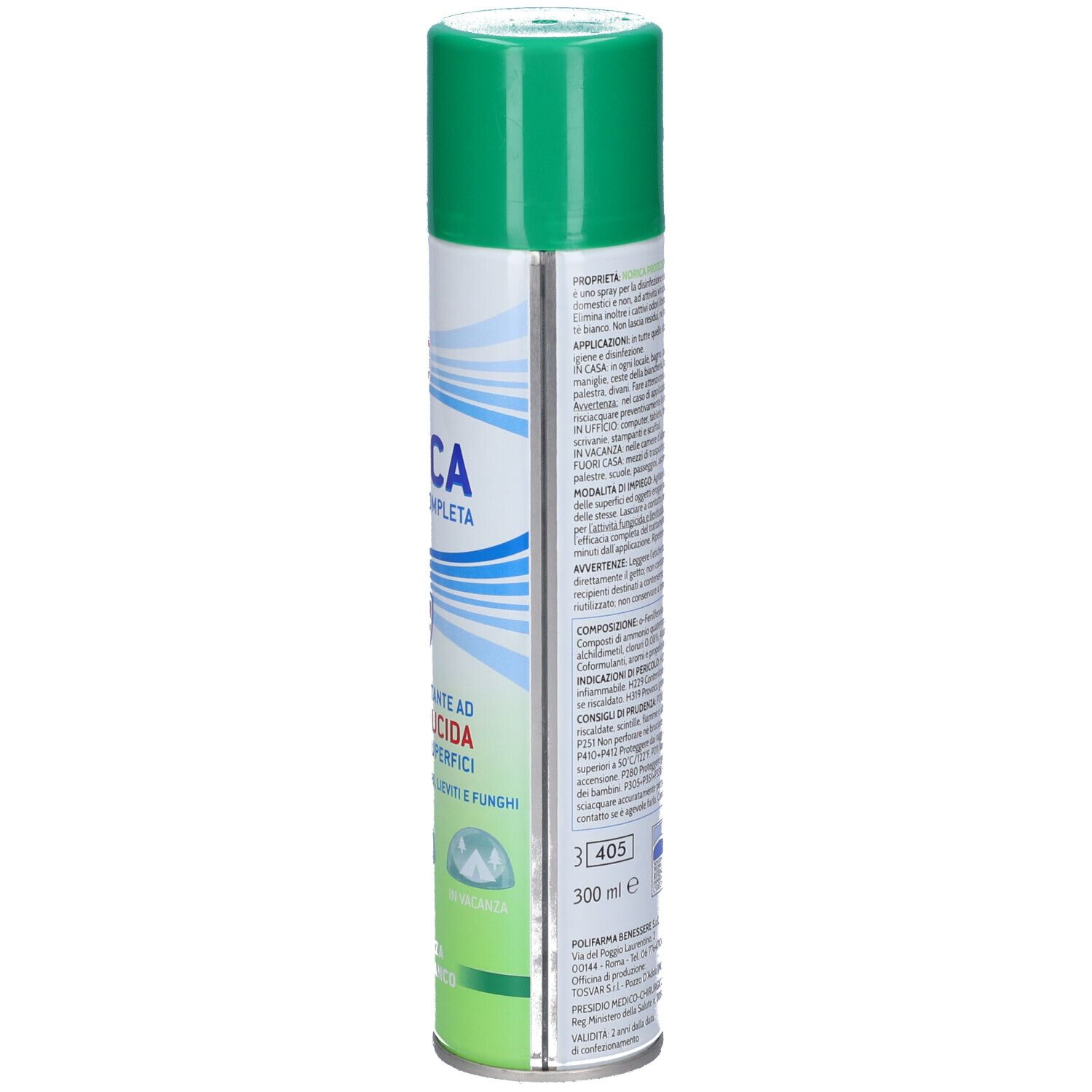 Norica Protezione Completa Spray. Rückseite der Dose mit Text und Symbolen. Volumen: 300 ml.
