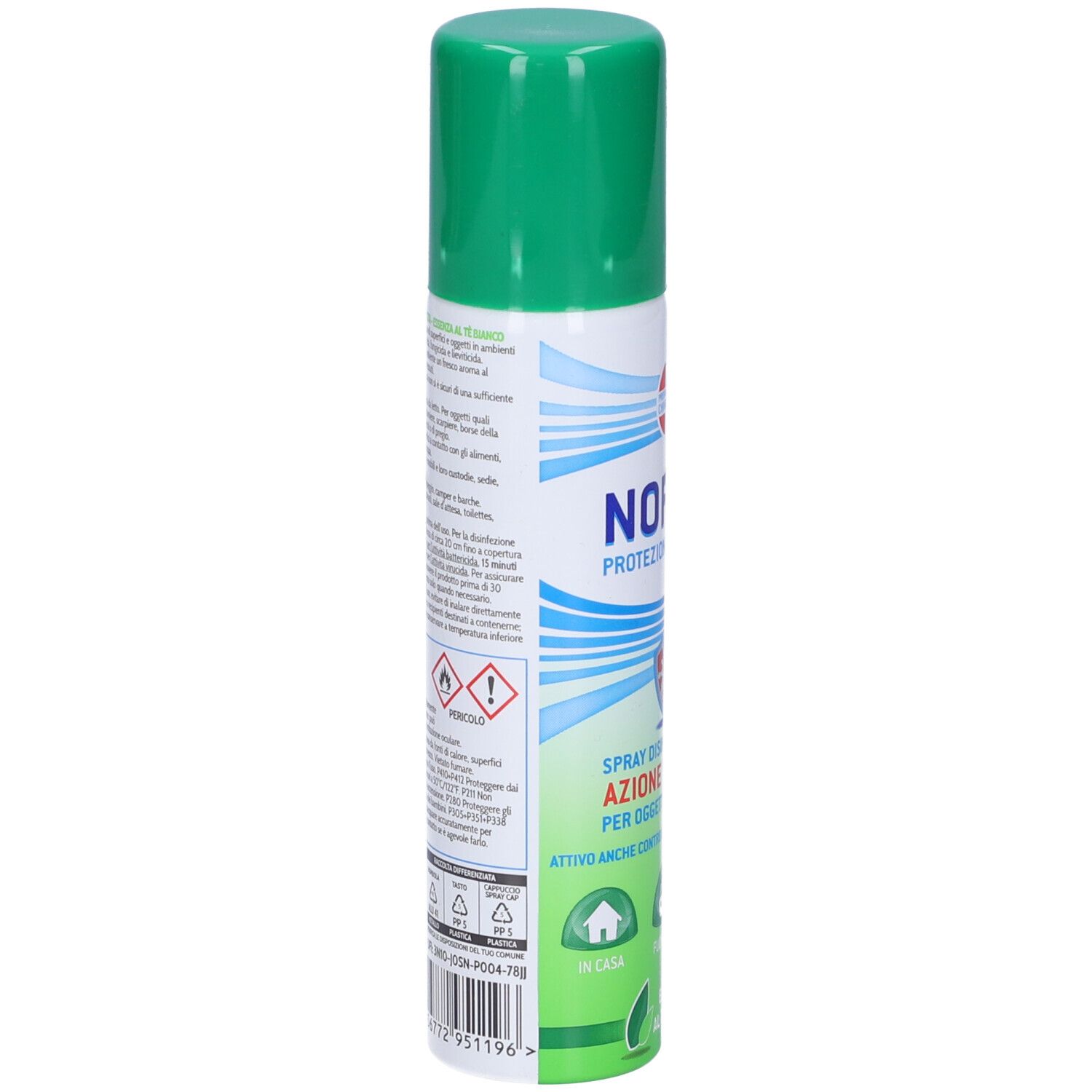 Retro del flacone spray Norica con testo. Avvertenze e informazioni. Codice a barre e simboli di riciclaggio.