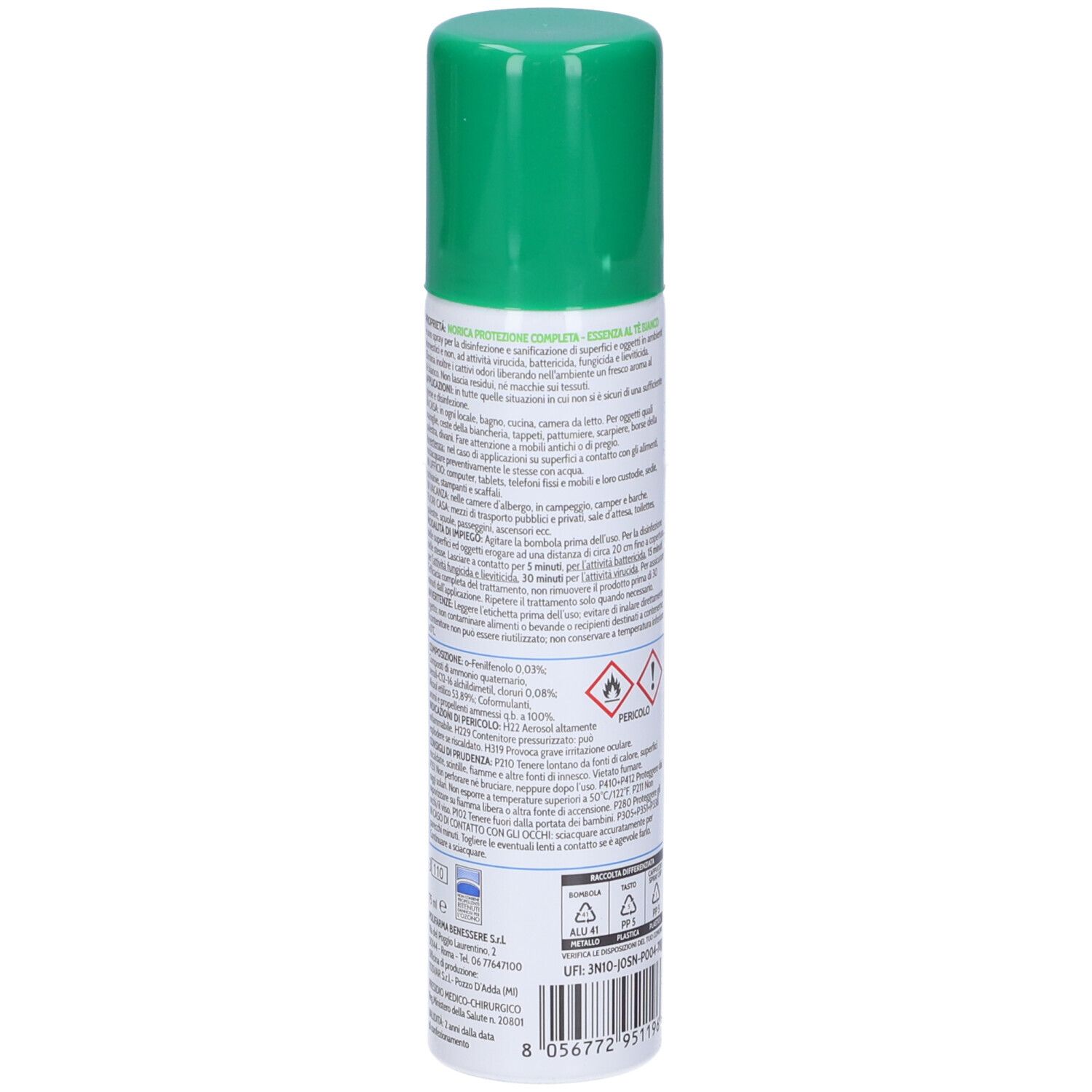 Retro del flacone spray Norica con testo. Ingredienti, avvertenze e simboli di riciclaggio.