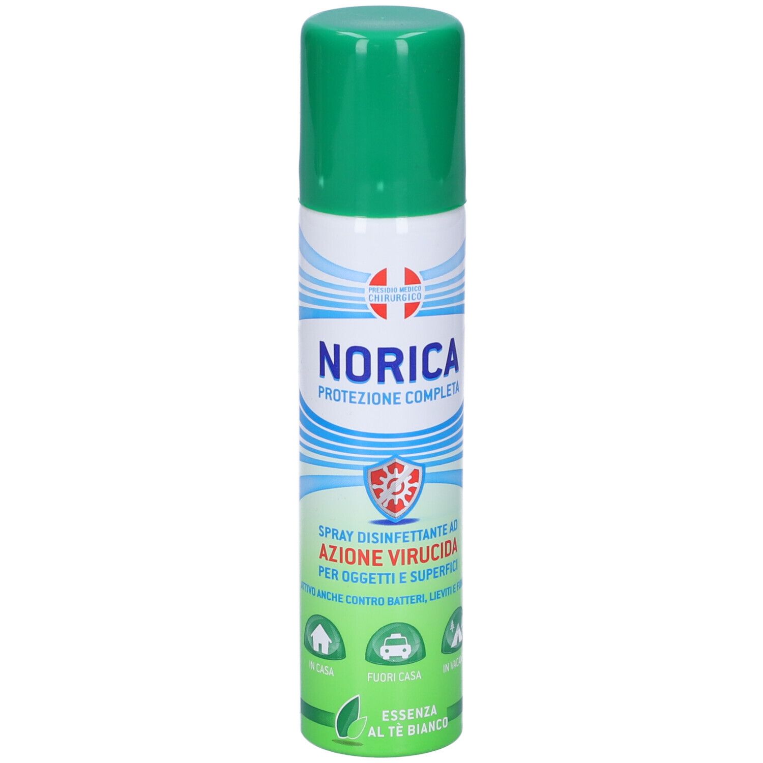 Flacone spray Norica con tappo verde. Scritta: Protezione Completa, Spray Disinfettante. Essenza al Tè Bianco.