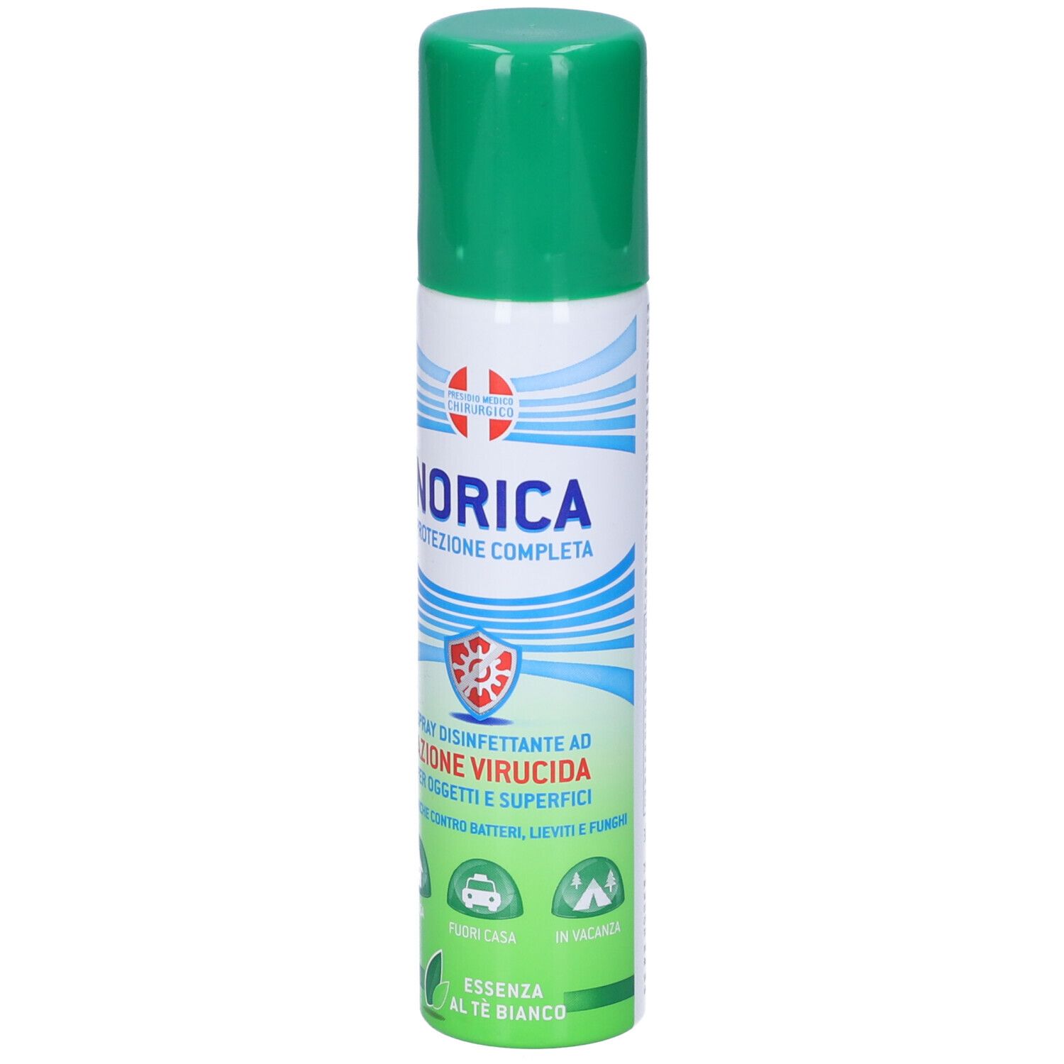 Flacone spray Norica con tappo verde. Scritta: Protezione Completa, Spray Disinfettante. Essenza al Tè Bianco.
