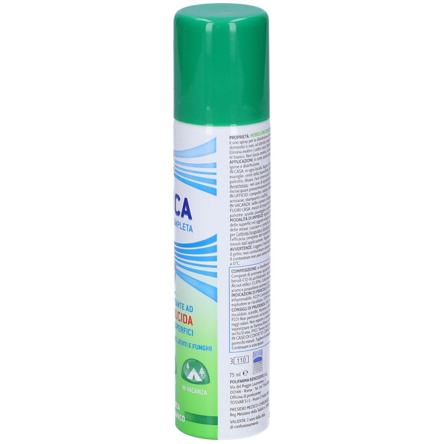 Retro del flacone spray Norica con testo. Informazioni, ingredienti e simboli di riciclaggio.
