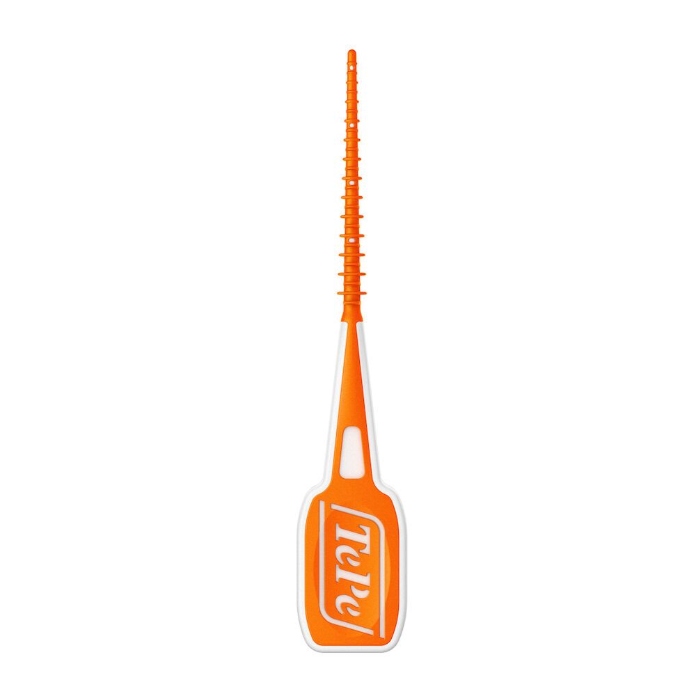 Singolo TePe EasyPick™ XS/S. Manico arancione, testina simile a filo interdentale.