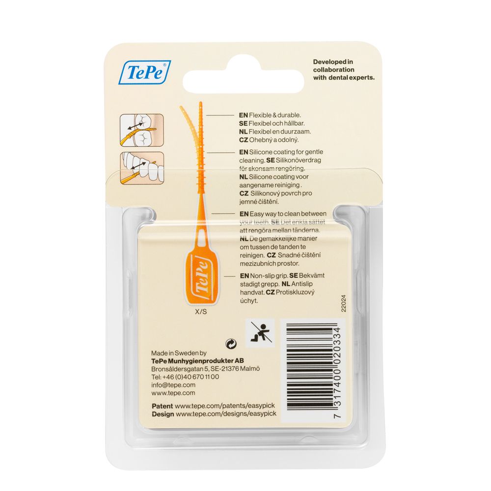 Retro confezione TePe EasyPick™ XS/S. Illustrazione prodotto, testo multilingue.