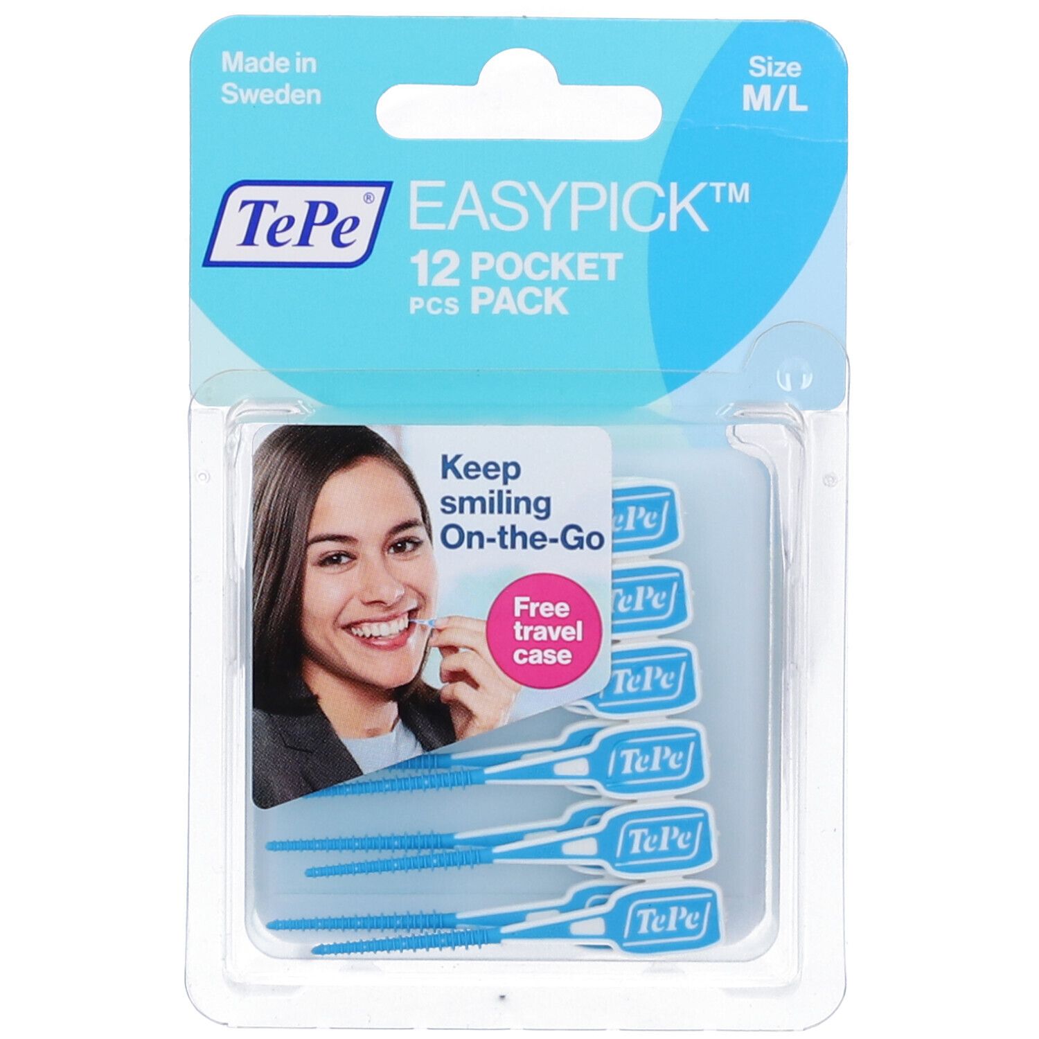 Confezione da 12 TePe Easypick M/L. Stuzzicadenti blu in blister. Custodia da viaggio inclusa.