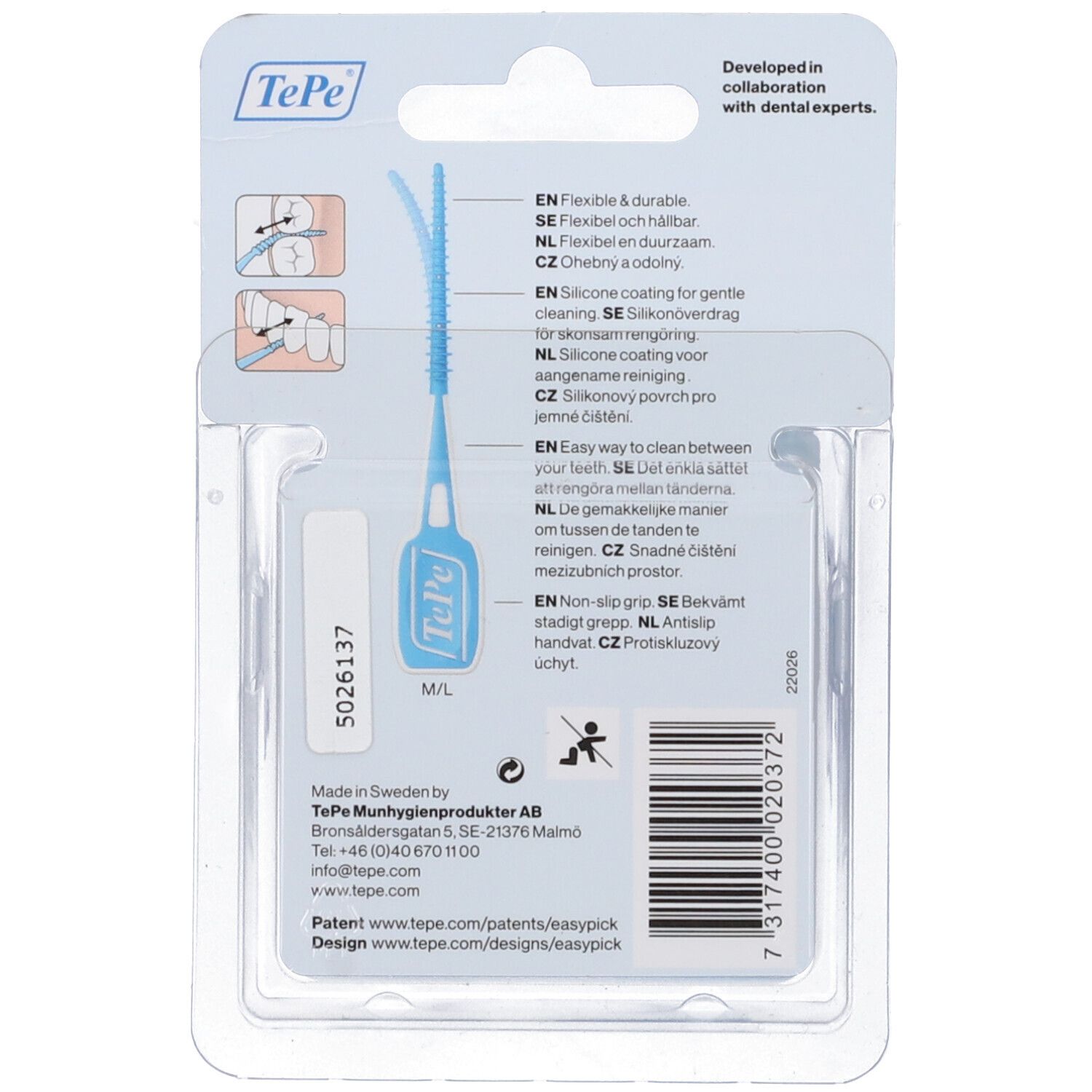 Retro confezione TePe Easypick M/L. Descrizione prodotto ed esempi d'uso. Stuzzicadenti blu.