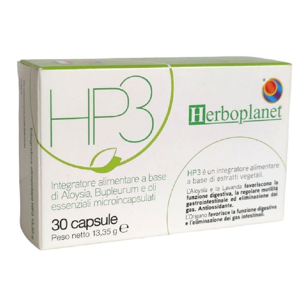 Boîte blanche avec accents verts. Inscription HP3 et Herbo planet. Contient 30 gélules. Informations produit en italien.