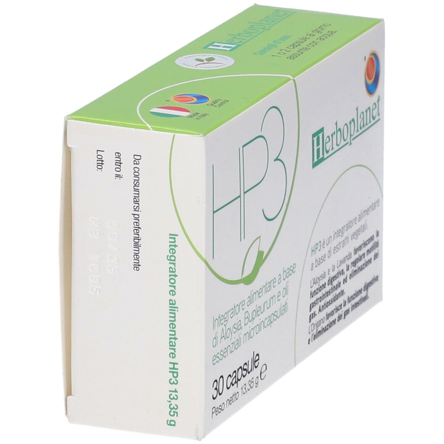 Boîte de HP3. Emballage vert et blanc. Logo Herbo planet. Informations produit en italien. 30 gélules.