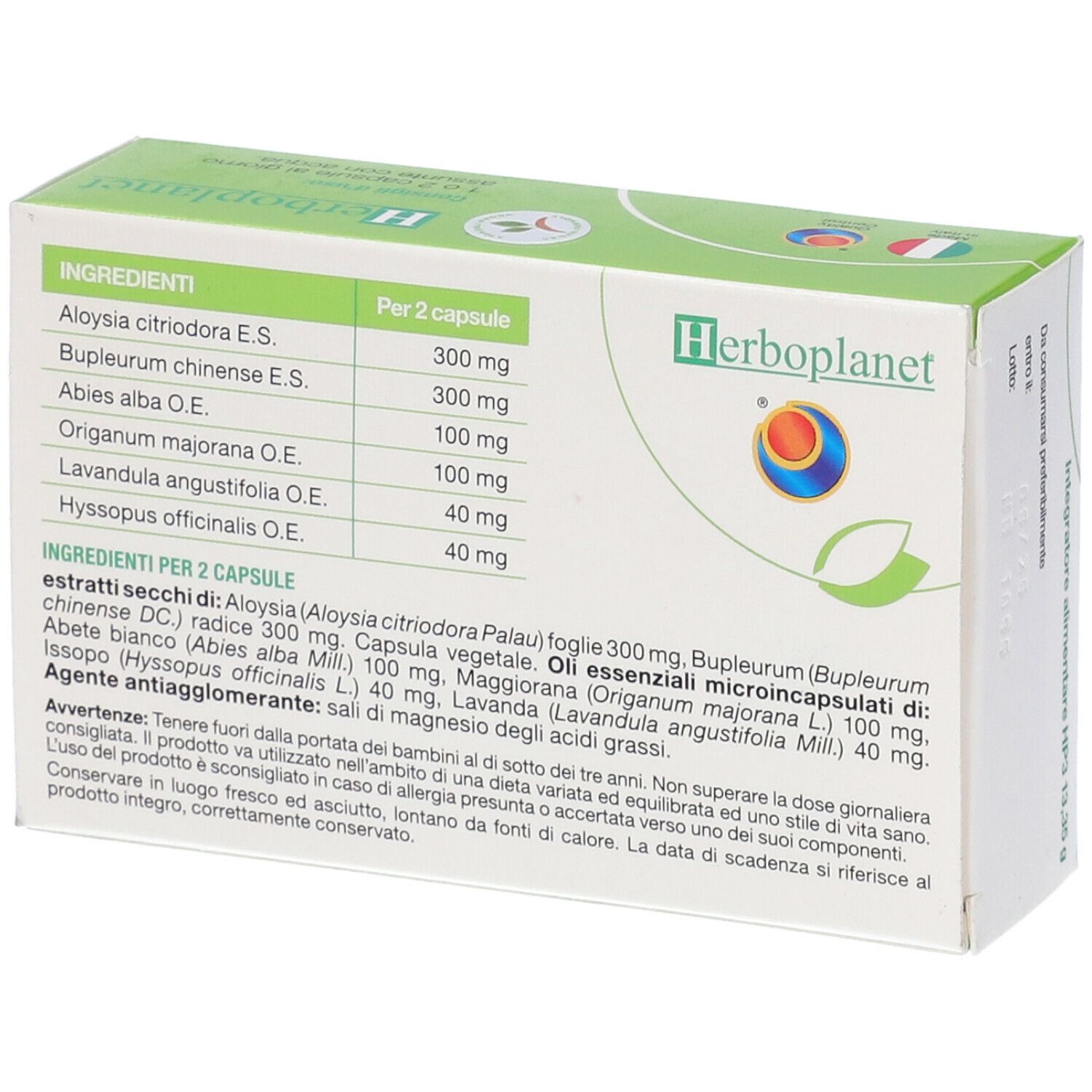 Dos de l'emballage HP3. Liste des ingrédients et informations nutritionnelles. Logo Herbo planet. Informations produit en italien.