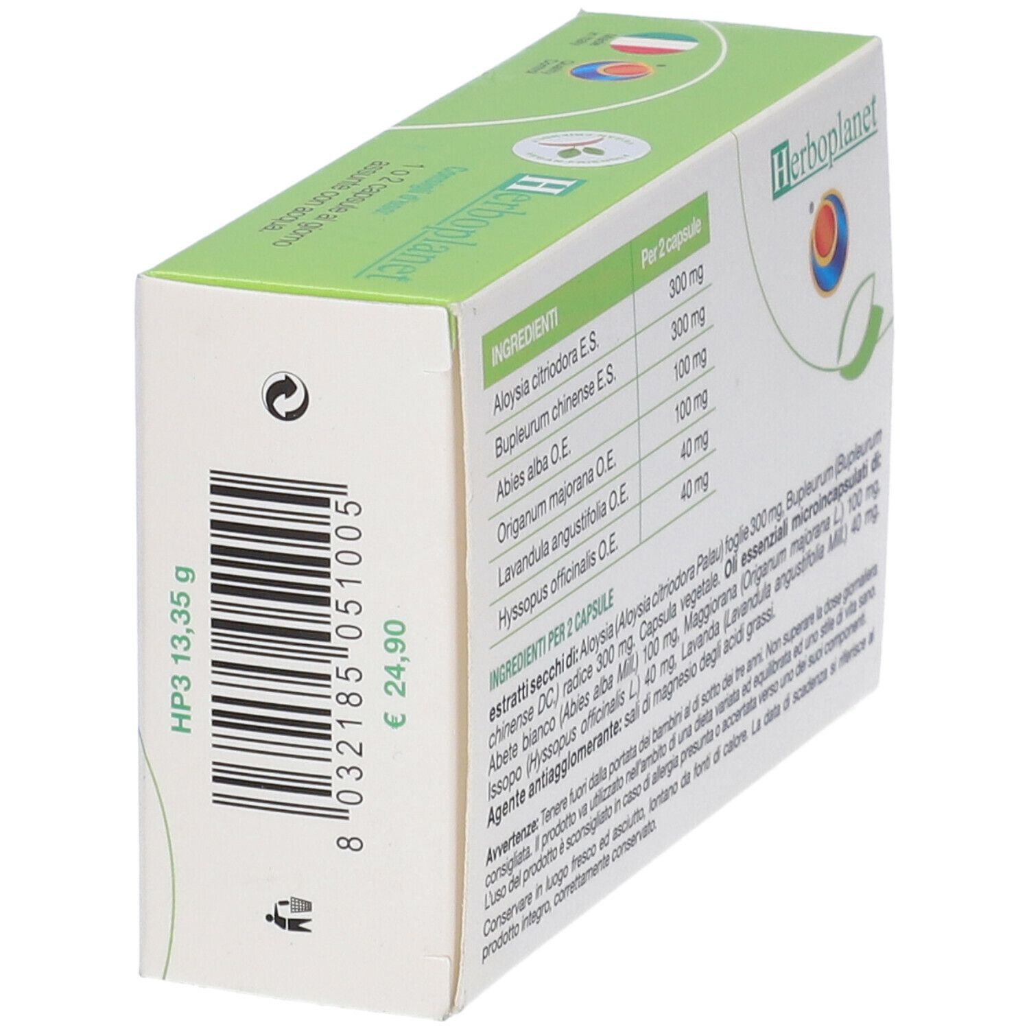 Vue latérale de l'emballage HP3. Code-barres, prix et informations produit. Logo Herbo planet. Informations produit en italien.