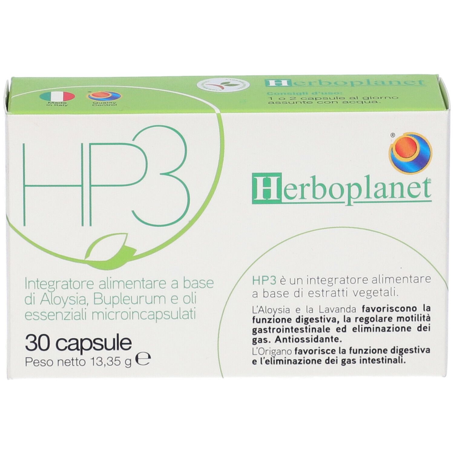 Emballage HP3. Blanc avec des accents verts. Logo Herbo planet. 30 gélules. Drapeaux italien et français.
