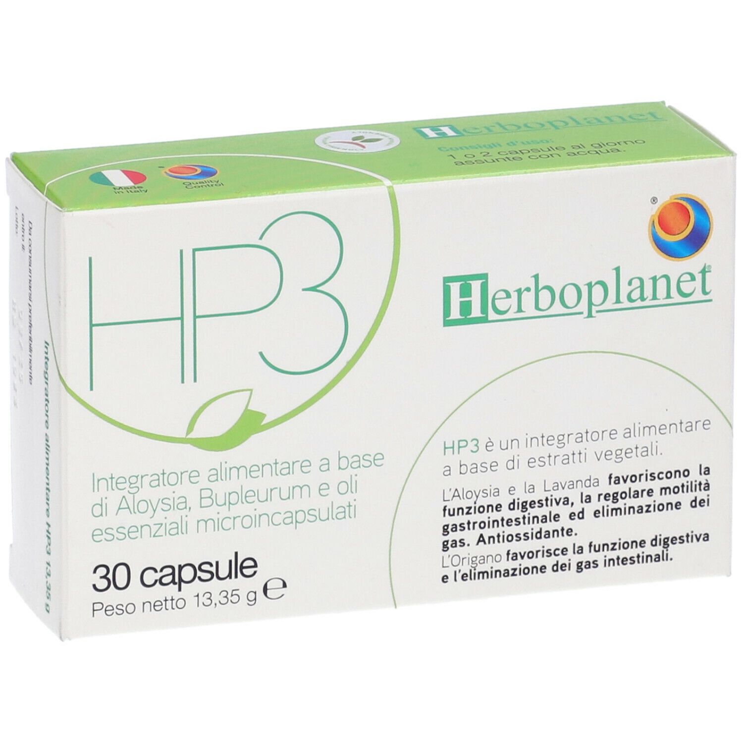 Emballage HP3. Blanc avec des accents verts. Logo Herbo planet. 30 gélules. Drapeaux italien et français.