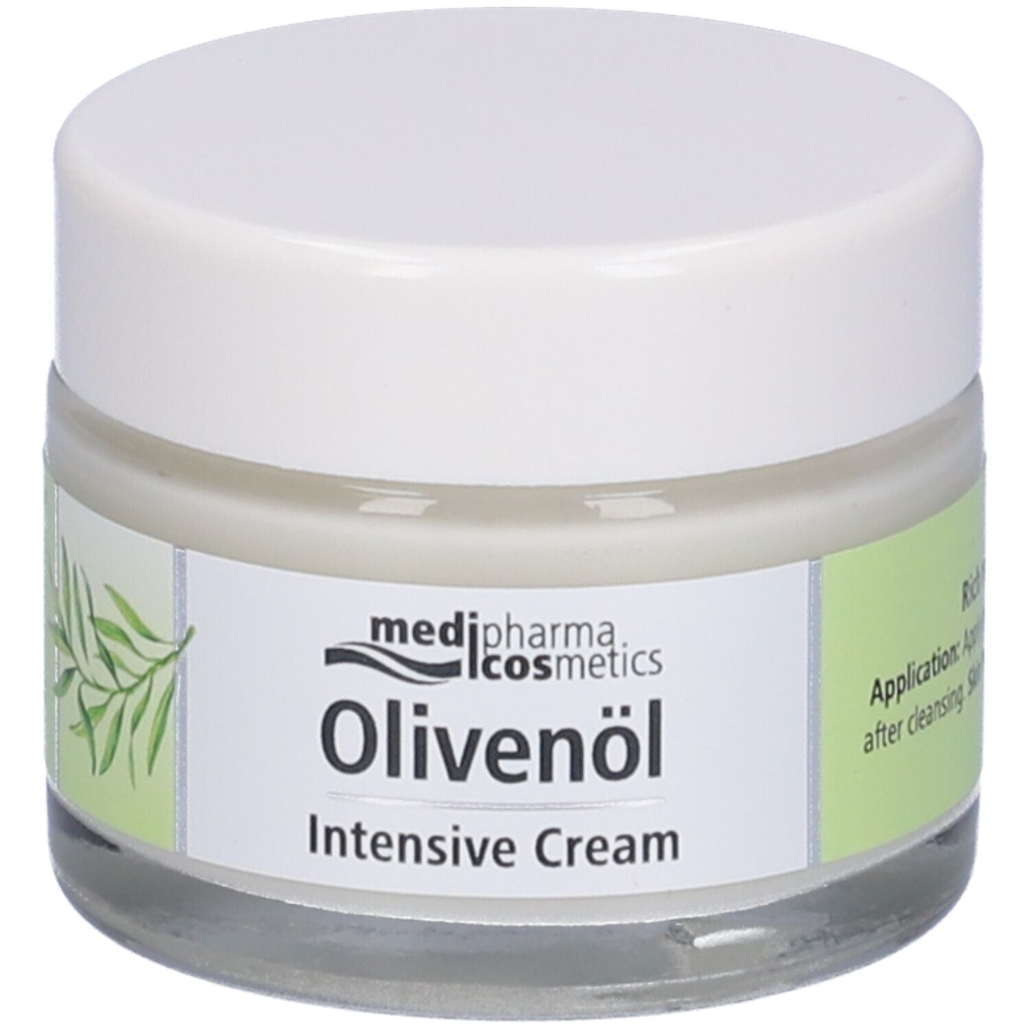 Creme-Glas mit weißem Deckel. Produktname und Olivenzweig-Illustration. Hellgrüner Hintergrund.