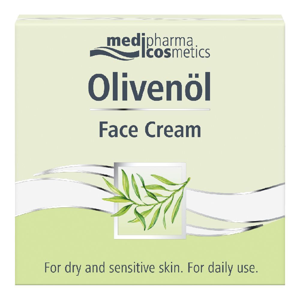 Crema viso Medipharma Olivenöl. Scatola con nome del prodotto e illustrazione di ramo d'ulivo. Per pelli secche e sensibili.