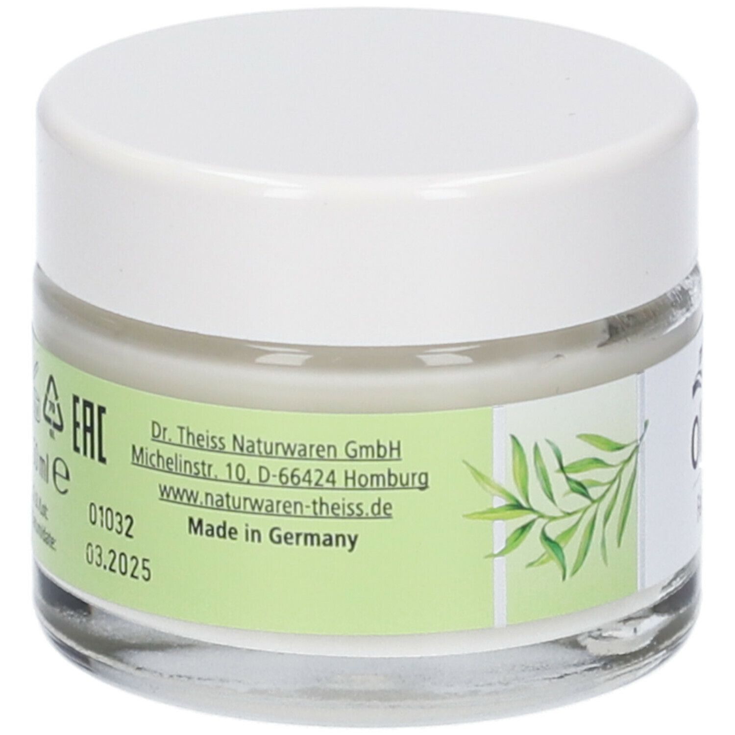 Crema viso Medipharma Olivenöl. Vasetto in vetro con coperchio bianco. Retro con informazioni produttore e ramo d'ulivo.