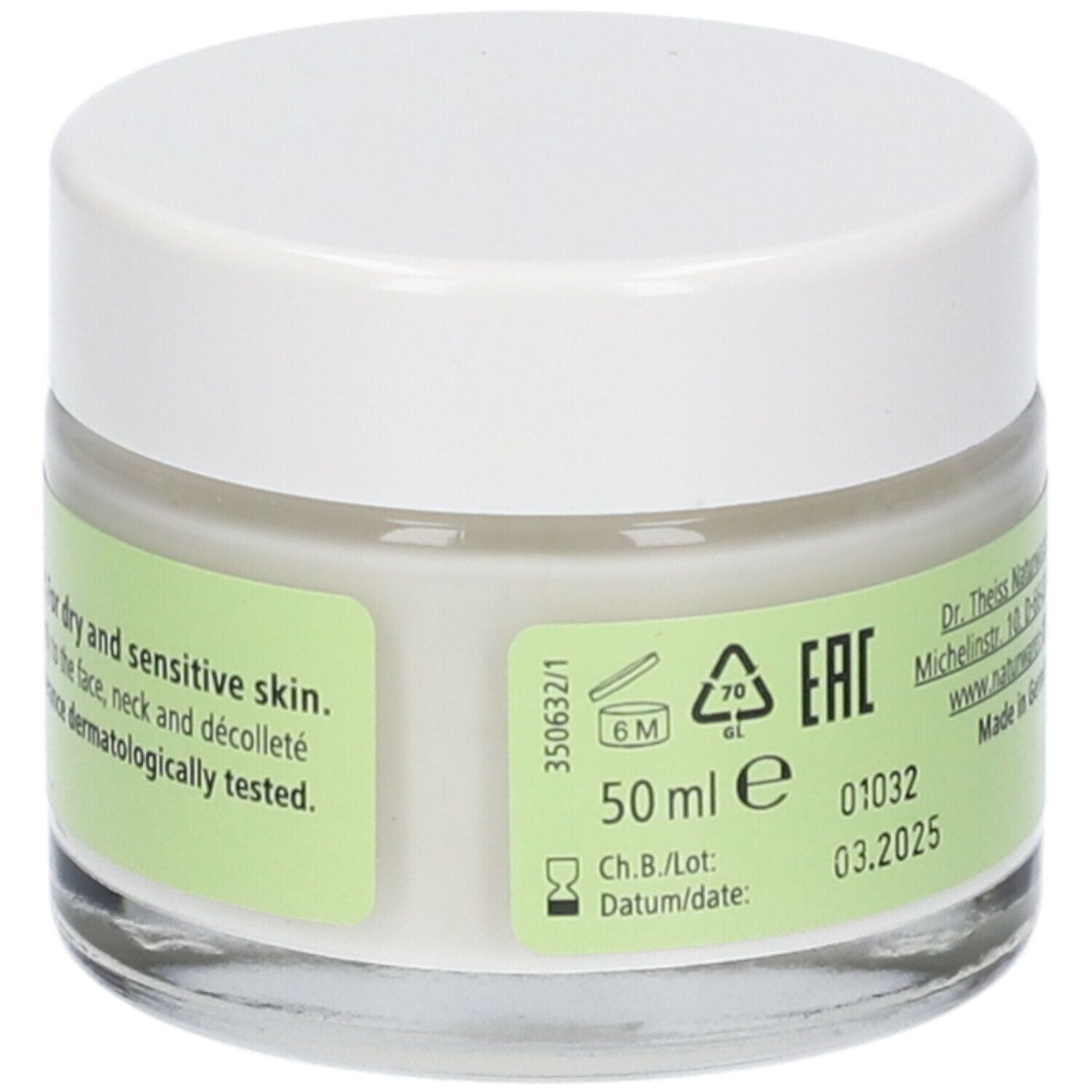 Crema viso Medipharma Olivenöl. Vasetto in vetro con coperchio bianco. 50 ml. Informazioni sull'uso e test dermatologico.
