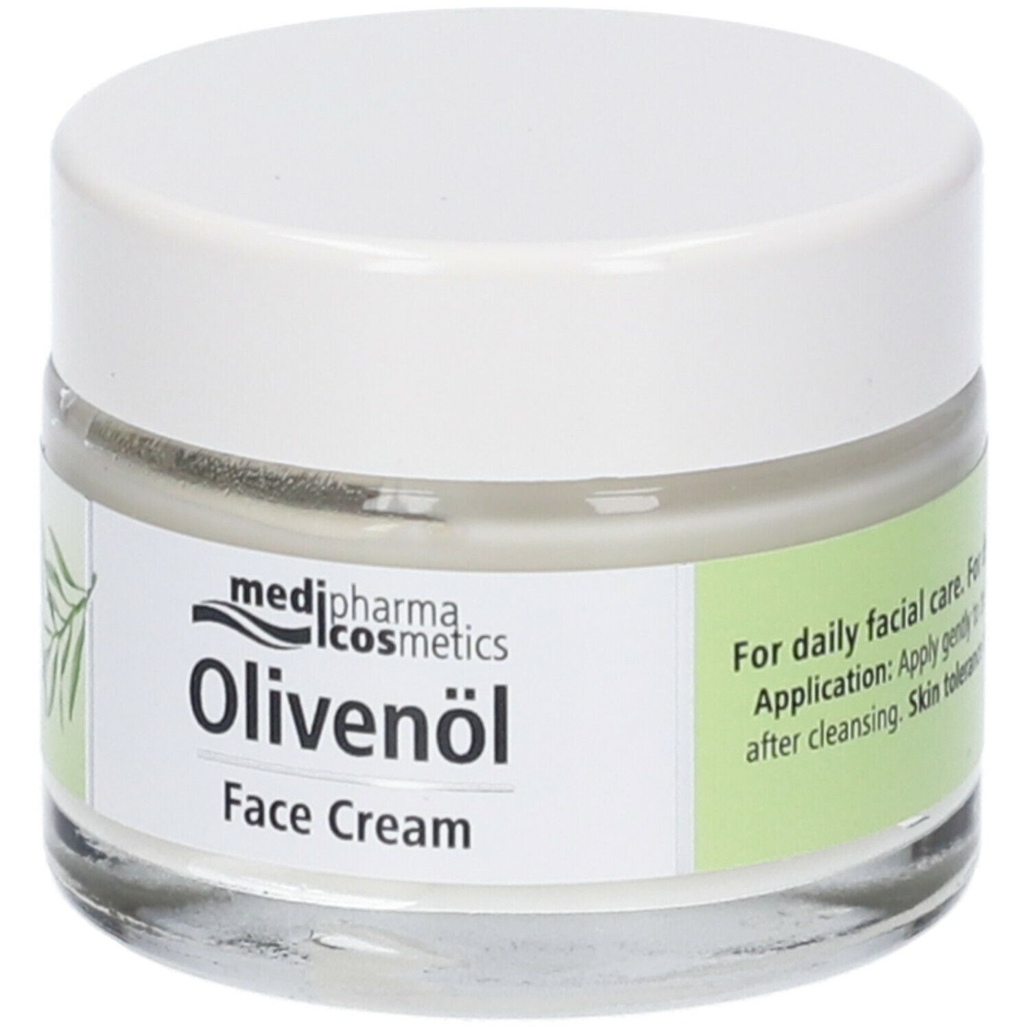 Crema viso Medipharma Olivenöl. Vasetto in vetro con coperchio bianco. Nome del prodotto e ramo d'ulivo.