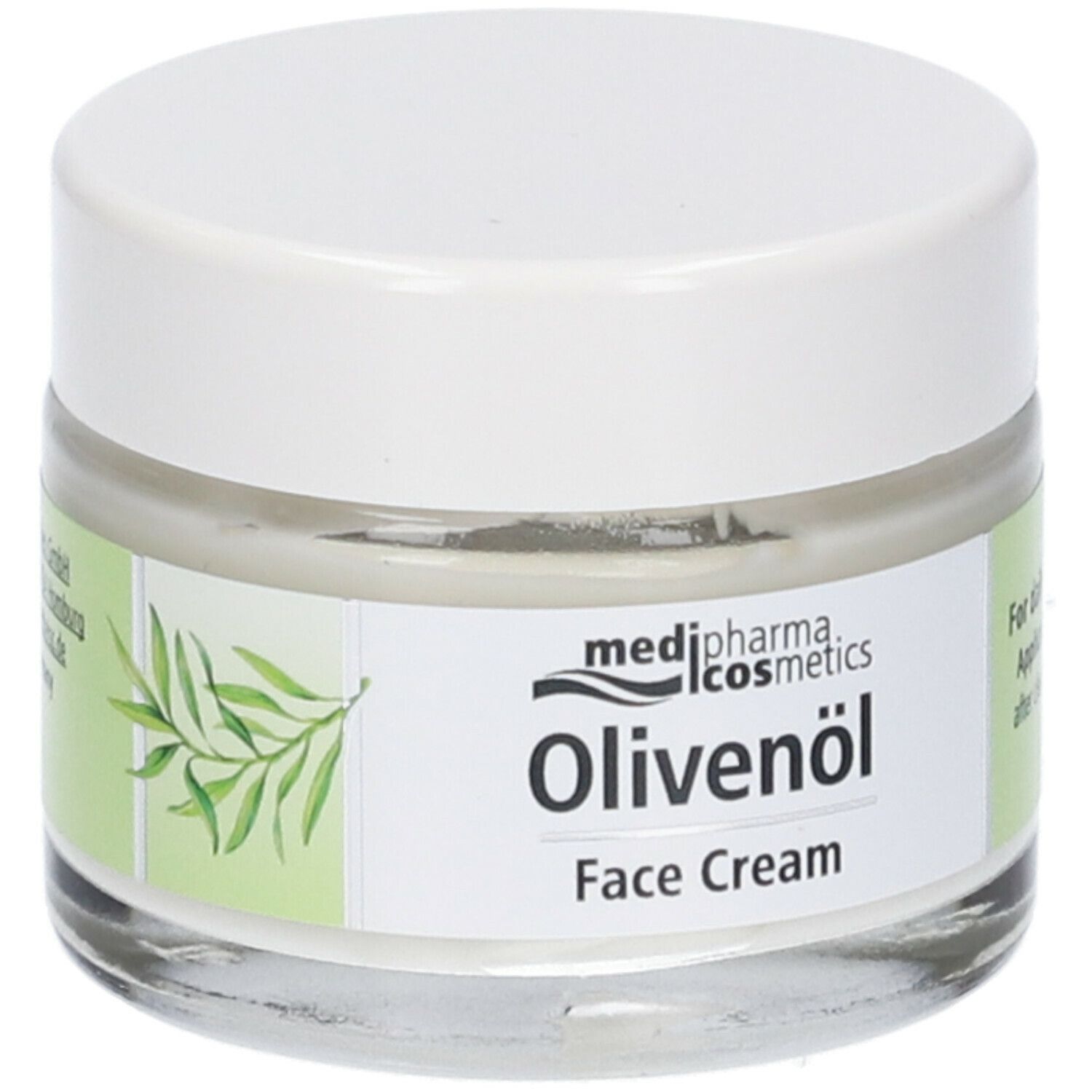 Crema viso Medipharma Olivenöl. Vasetto in vetro con coperchio bianco. Nome del prodotto e ramo d'ulivo.