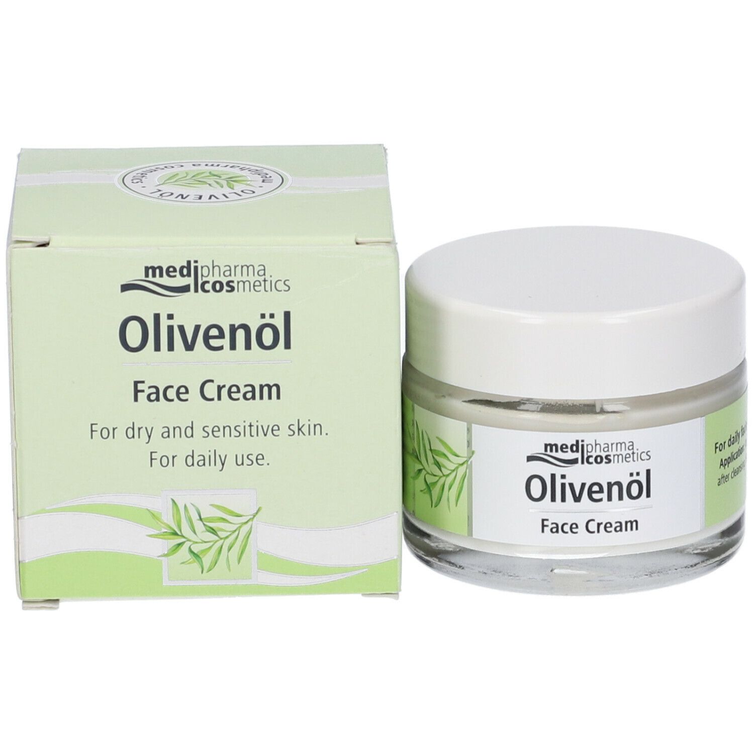 Medipharma Olivenöl Face Cream. Prodotto e confezione. Vasetto in vetro con coperchio bianco e scatola.