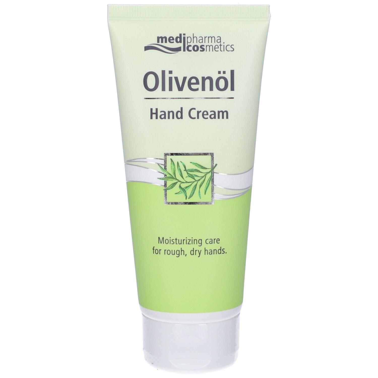 Tubo di crema mani Olivenöl. Design verde e bianco con logo e illustrazione di ramo d'ulivo.
