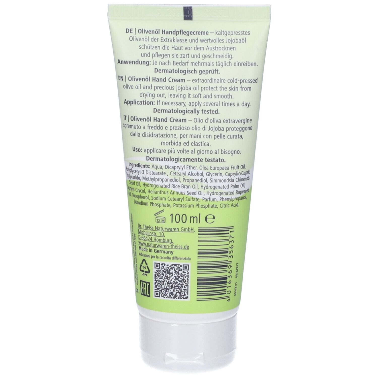 Retro del tubo di crema mani. Testo in tedesco, inglese e italiano. Ingredienti e indicazione 100 ml.