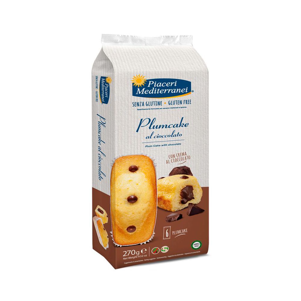 Confezione Plumcake al cioccolato senza glutine. Marchio Piaceri Mediterranei. Visibili fette di torta con crema al cioccolato.
