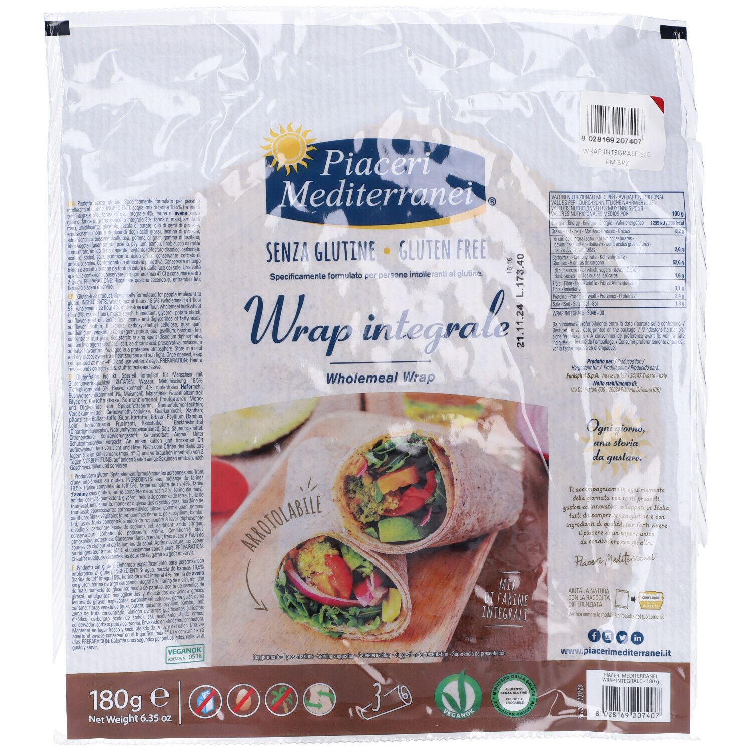 Confezione di Piaceri Mediterranei Wrap Integrale Senza Glutine. Visibili: immagine prodotto, testo, logo, sigillo senza glutine.