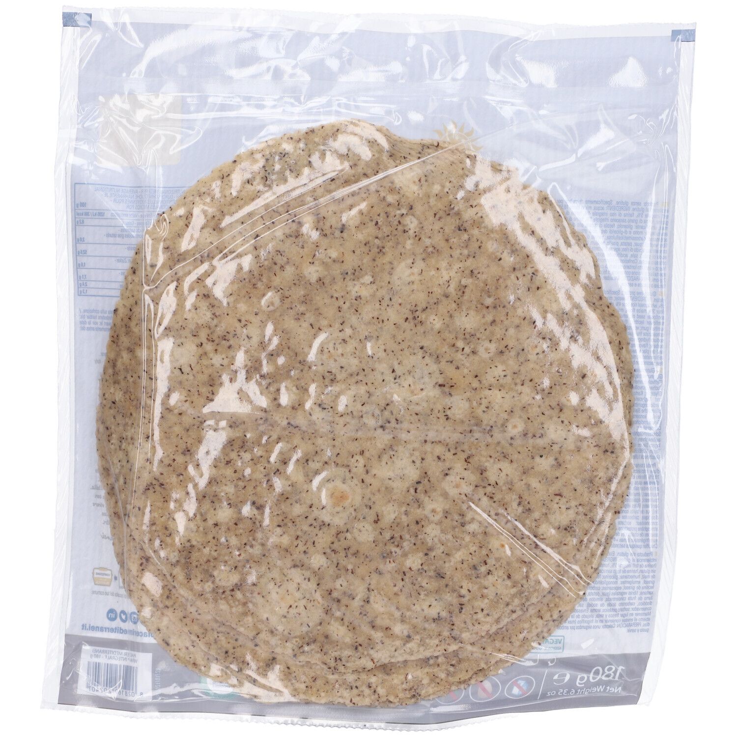 Wrap Piaceri Mediterranei Integrale Senza Glutine confezionati. Wrap rotondi e piatti in pellicola trasparente. 180g.