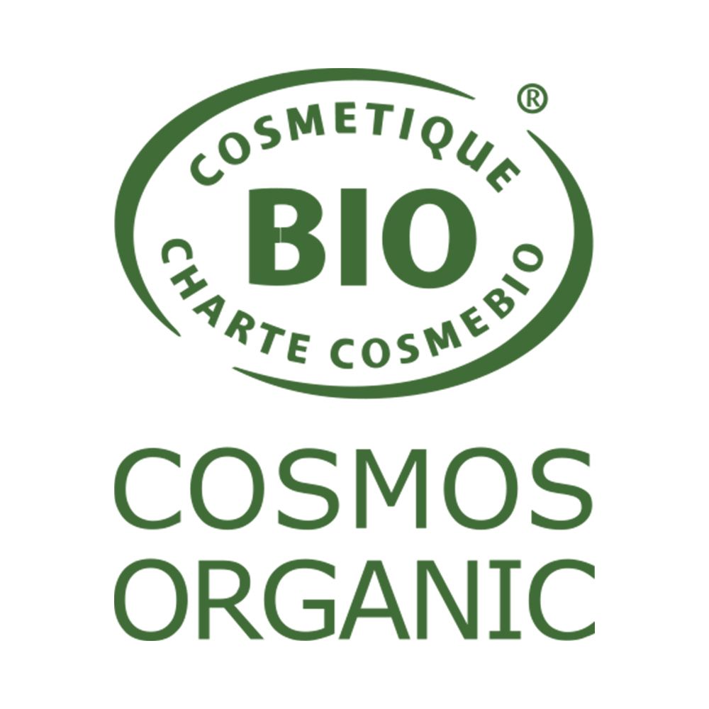 COSMOS ORGANIC Siegel: "COSMETIQUE BIO CHARTE COSMEBIO" und "COSMOS ORGANIC".