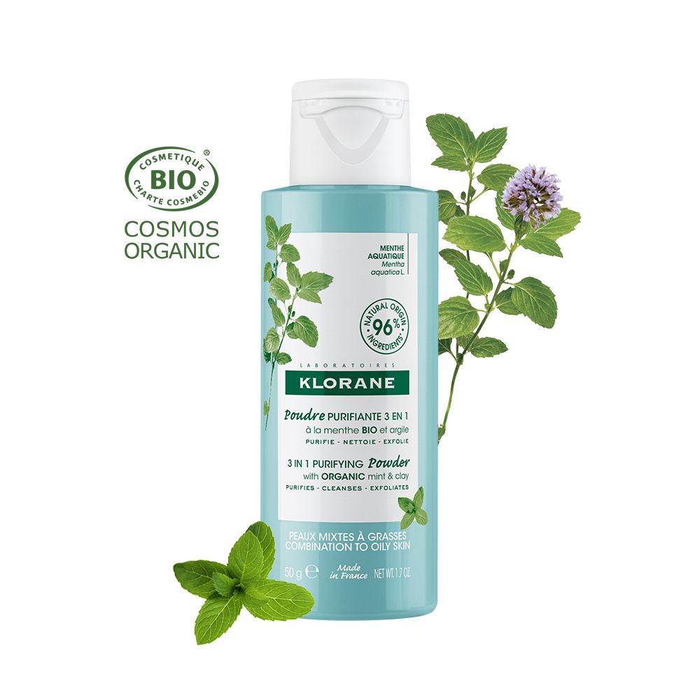 Klorane 3-in-1 Reinigungspuder mit Bio-Minze und Tonerde für Mischhaut bis fettige Haut. COSMOS ORGANIC zertifiziert.