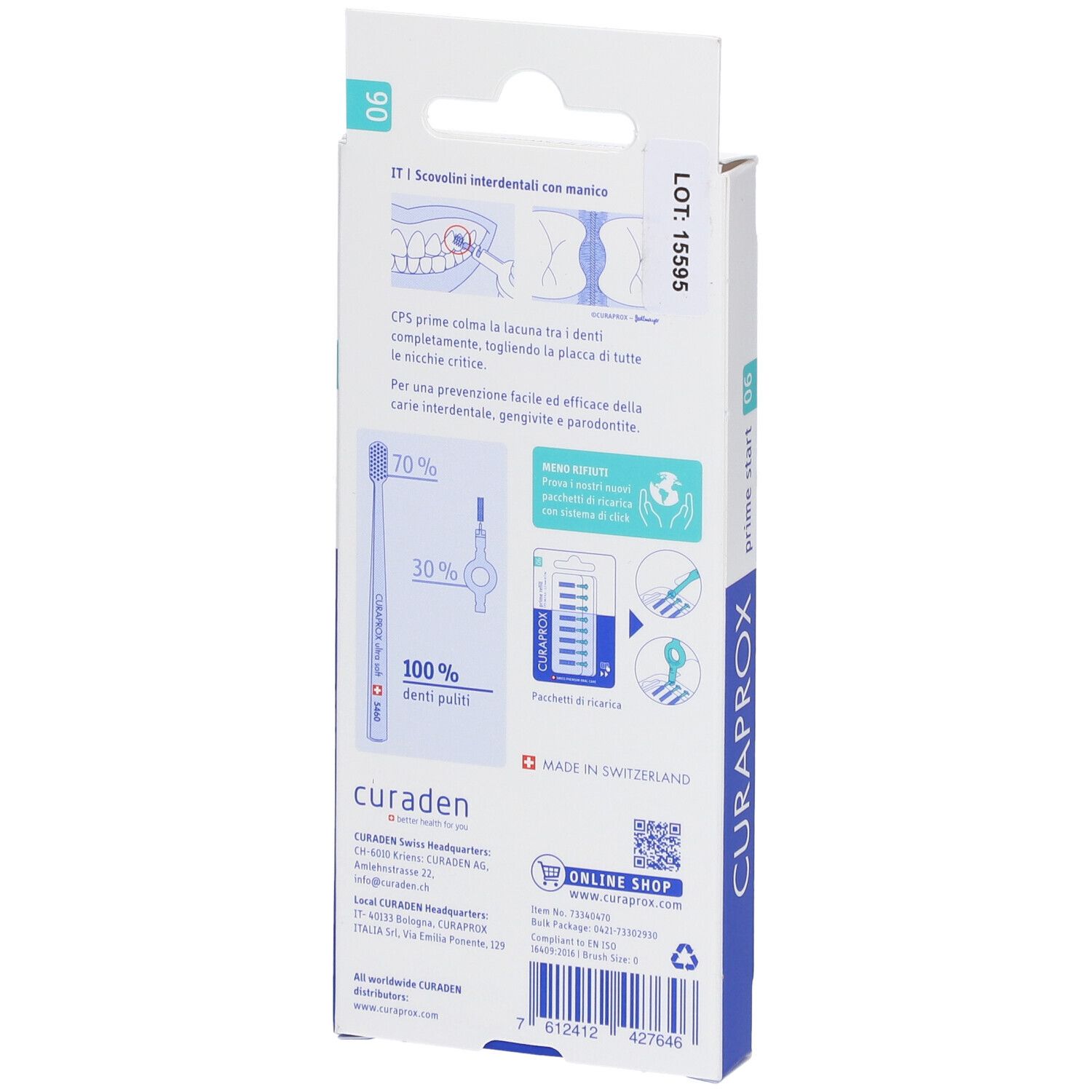 Verpackung mit 90 Curaprox Interdentalbürsten. Zeigt Illustrationen zur Anwendung und Reinigung.